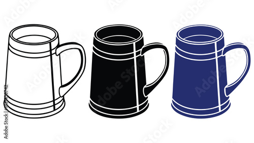 Vector illustration set of three beer mugs or steins in outline, solid black, and solid blue color variations