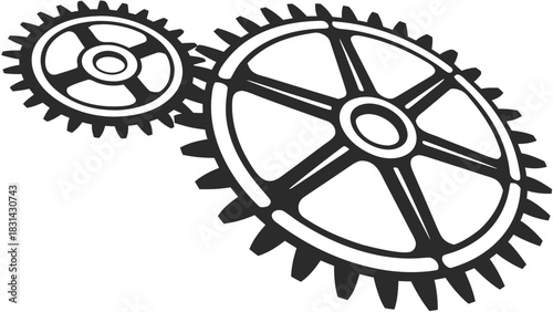 Vector illustration two interlocking mechanical gears in a black and white vector illustration