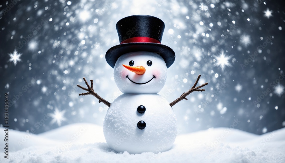 Fototapeta premium Joyful Smiling Snowman in Winter Wonderland with Falling Snow