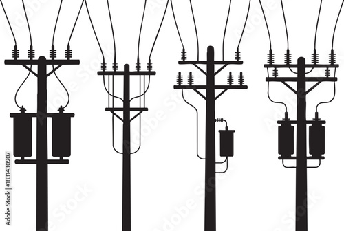 Silhouetted Electric Power Poles with Transformers and Cables on White Background