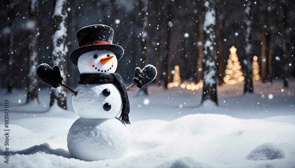Obraz premium Playful Snowman in a Winter Scene Surrounded by Snowy Forest