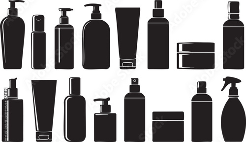 Assorted black silhouette cosmetic containers for skin care beauty products