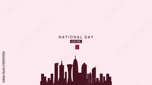 Minimalist Qatar National Day Skyline Background with Maroon Silhouette Buildings and Soft Pastel Backdrop for Celebration Banner or Poster