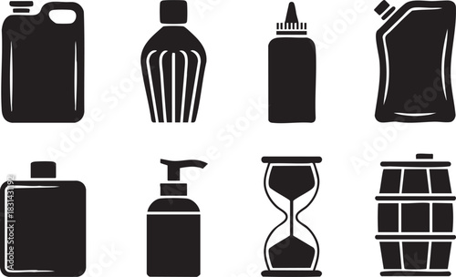 Assorted container objects in black and white stylized line illustration
