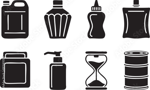 Black and white vector illustration of containers bottles and liquid forms