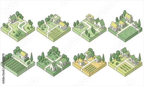 Isometric village scenes with houses, farms, and roads, depicting rural life and community
