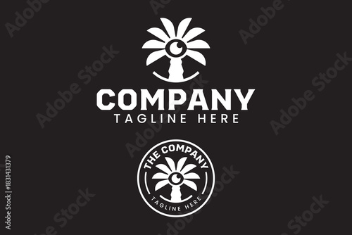 Palm tree with lens modern logo design set for media and digital creative. Media lens fusion with palm tree minimalist logo badge design pack for entertainment business