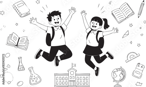 Cheerful students jump for joy in education doodle vector design