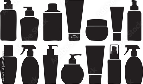 Collection of Black and White Skincare and Cosmetic Product Silhouettes