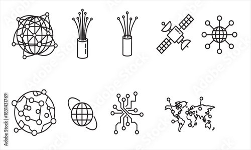 Collection of Digital Communication and Global Network Technology Line Art Icons, showcasing Data Transfer, Fiber Optics, Satellites, and Interconnected Systems for Modern Connectivity Concepts