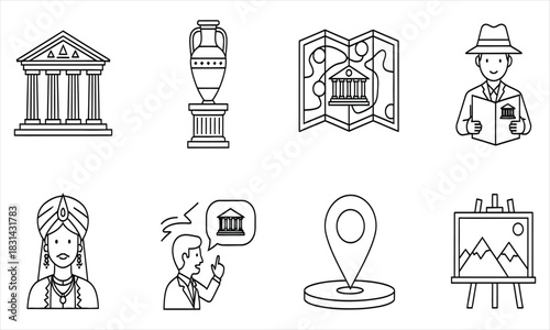 Collection of Icons Representing Historical Buildings, Artifacts, Navigation, and Cultural Symbols