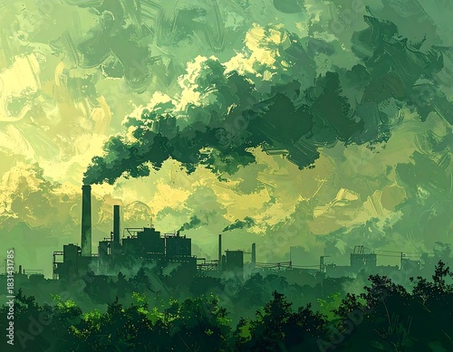 Industrial cityscape silhouette with smokestacks and a hazy atmosphere