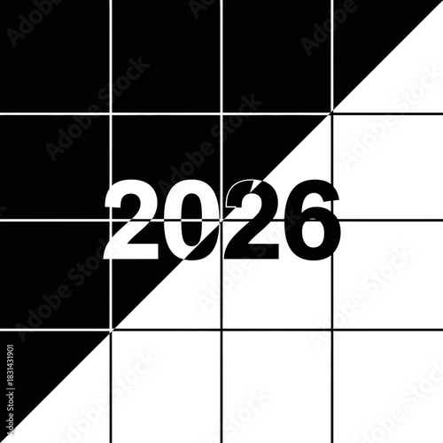 Bold white 2026 numerals dramatically displayed on stark black and white geometric grid creating modern abstract design