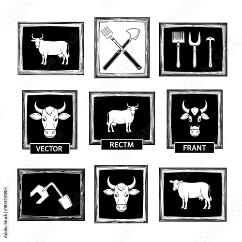 Whimsical farm animal icons and rustic tools create a charming rural aesthetic for agricultural branding and country lifestyle content