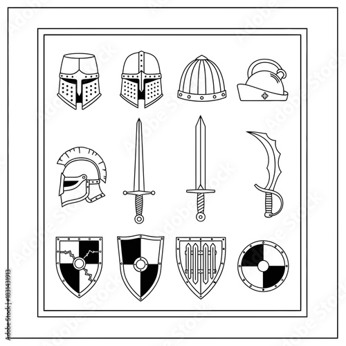 Collection of historical warrior helmets swords and shields iconic medieval combat gear for design and historical projects