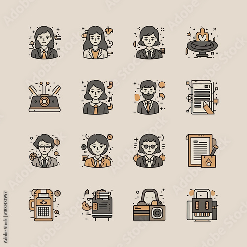 Professional business people icons and retro office equipment create modern corporate branding opportunities