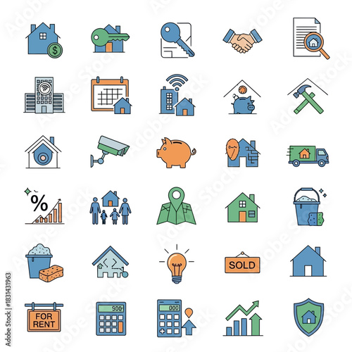 Diverse real estate icons represent buying, selling, renting, and investment opportunities for modern property ventures