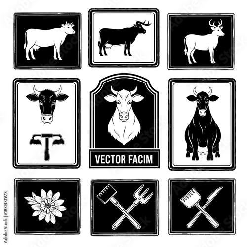 Captivating collection of stylized cow icons and farm tool emblems perfect for branding agricultural businesses and rustic designs