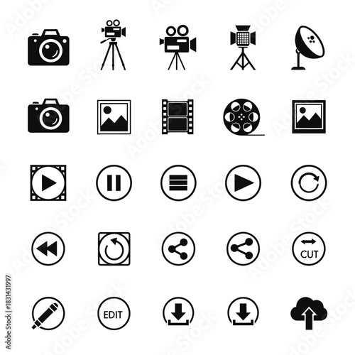 Icon collection for photography, videography, editing, and media playback, perfect for digital content creation and app development.