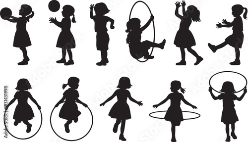 Collection of silhouette vector illustrations depicting children playing and having fun
