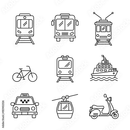 Collection of modern transportation icons including trains, bus, tram, taxi, bike, scooter, ship, and cable car for city transit and travel concepts