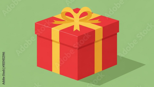 Isometric red gift box with yellow ribbon on a light green background perfect for holiday celebrations and special occasions offering a festive touch