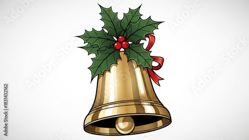 Golden christmas bell with holly and red ribbon on white background for festive holiday season greetings and decorations