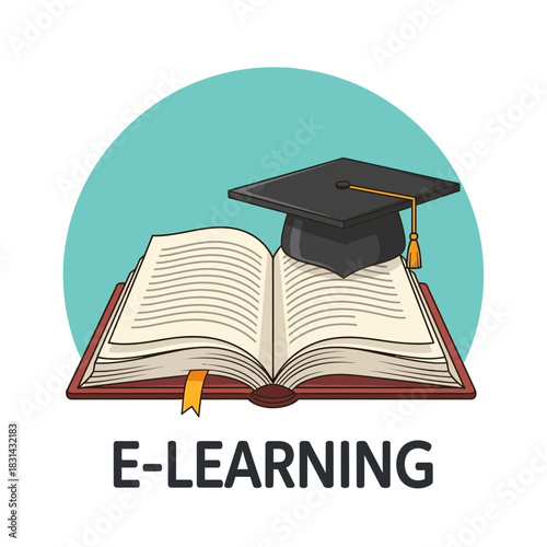 Achieve academic success and knowledge growth with this graduation cap on an open book symbolizing e-learning and educational advancement