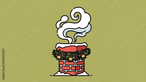 Festive christmas chimney with smoke and holiday wreath against a solid background creating a warm and inviting seasonal atmosphere