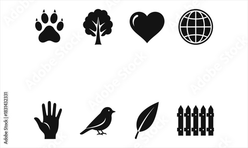 Diverse collection of black silhouette icons representing natural elements, environmental concepts, and fundamental life symbols, ideal for web design, apps, and conservation projects