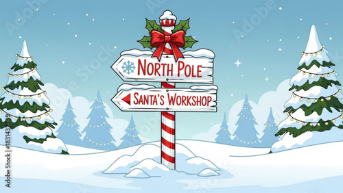 Festive christmas scene with north pole and santa's workshop sign in a snowy winter wonderland landscape illustration for holiday cheer and seasonal spirit