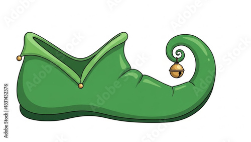 Festive green elf shoe with curled toe and golden bell for holiday cheer and whimsical christmas designs and decorations for seasonal projects