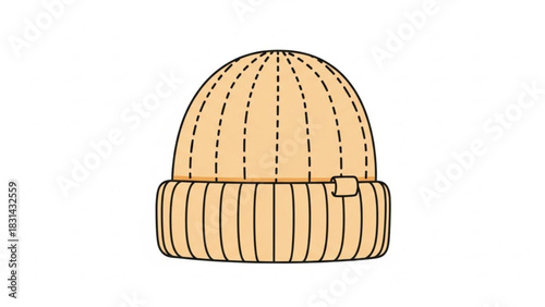 Isolated beige knitted beanie hat with a folded brim and a small tag on a white background perfect for winter fashion and apparel designs