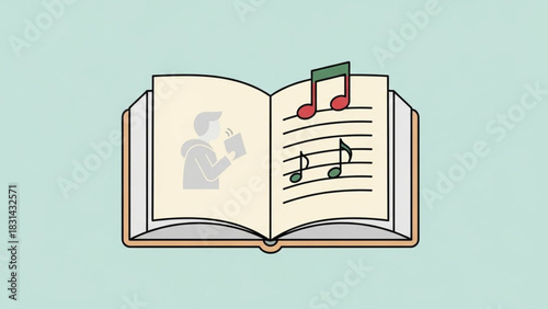 Open book displaying a reader and musical notes on pages against a light blue background creating a whimsical and educational illustration