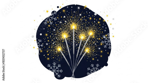 Festive sparklers and snowflakes create a celebratory winter holiday background design with a dark blue backdrop and bright gold accents