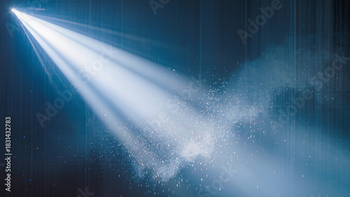 spotlight illuminates floating dust particles, dark stage enhanced by cinematic spotlight effects