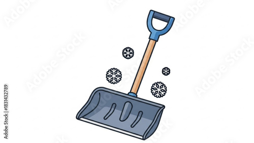 Cartoon snow shovel with snowflakes on a white background for winter season designs and illustrations showing seasonal work and weather elements