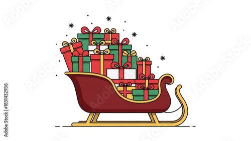 Sleigh overflowing with colorful christmas gifts and presents for holiday season celebration and festive cheer on a white background with snowflakes