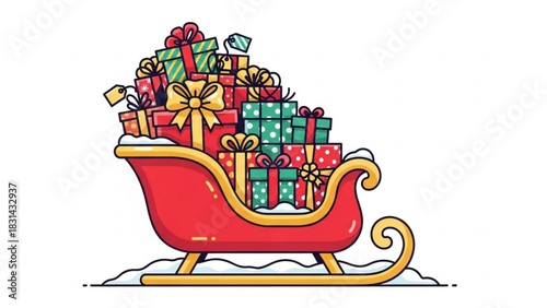 Sleigh overflowing with colorful christmas presents and gifts for the holiday season celebration and giving on a snowy winter day illustration