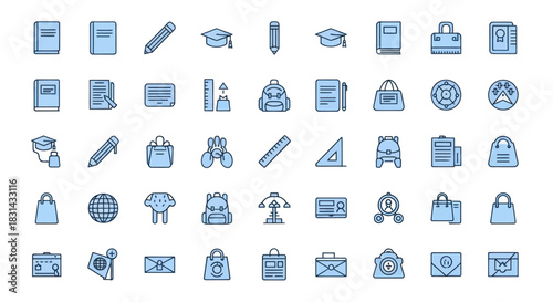 Collection of school and education icons in a clean blue line style