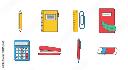 Collection of school and office supplies isolated on white background