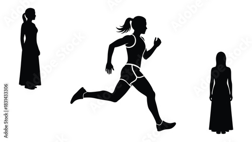 Woman silhouette running and women standing vector illustration