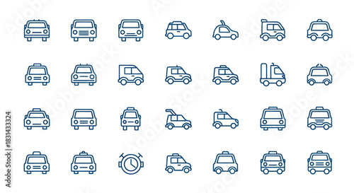 Collection of stylized car icons in various designs and perspectives