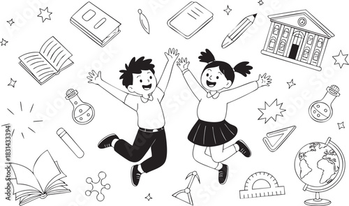 Excited students celebrate back to school jumping with school supplies vector