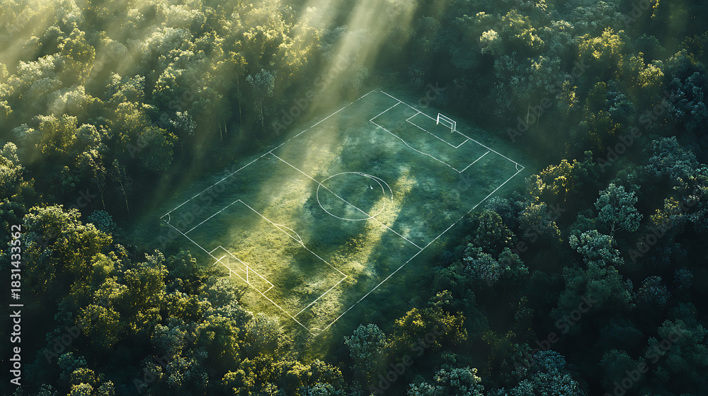 Obraz premium Empty soccer field in forest sunlight