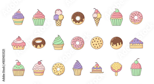 Collection of various desserts illustrations with outline for design elements