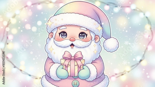 Delightful Santa Claus Cartoon Character Ready to Bring Holiday Cheer and Festive Joy with a Beautifully Wrapped Gift and Sparkling Lights