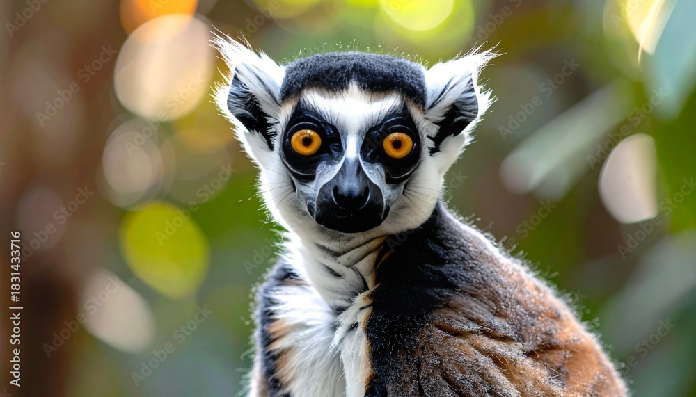 Obraz premium Curious lemur with big eyes in bokeh.