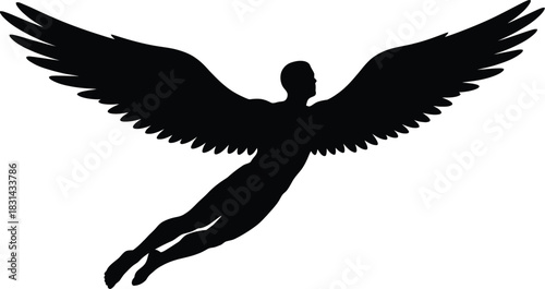 Silhouette of winged human figure soaring powerfully Vector  illustration