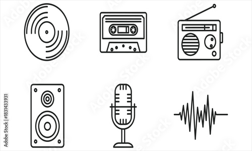 Collection of audio equipment icons including a record, cassette tape, radio, speaker, microphone, and waveform